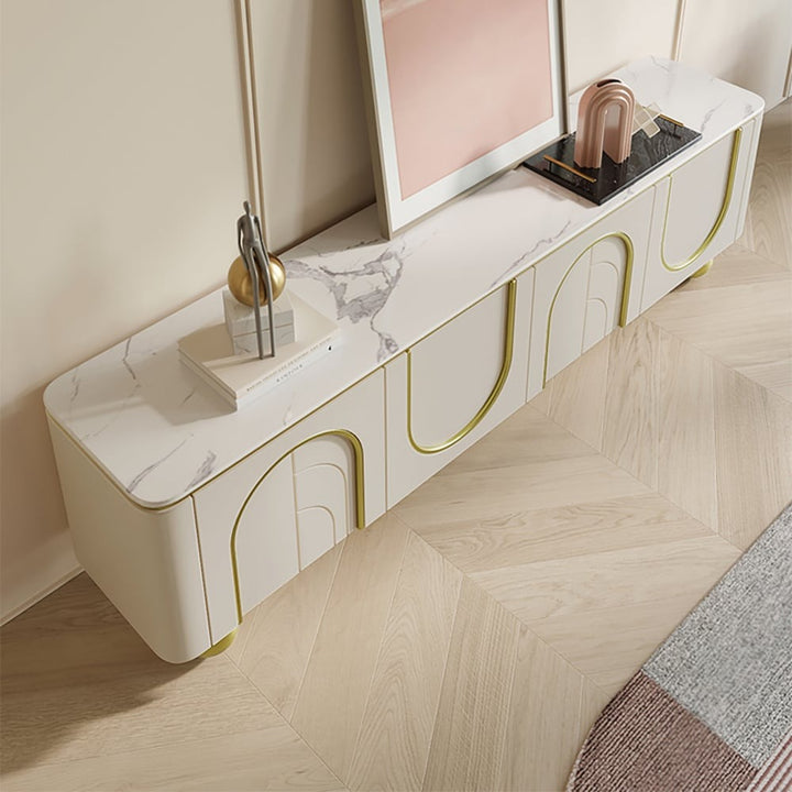 Premium white tv stand with marble top and arch design