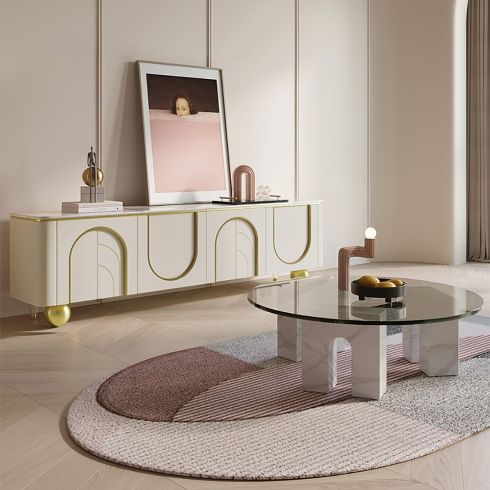 premium white tv stand with stylish arch design in a living room with center round table