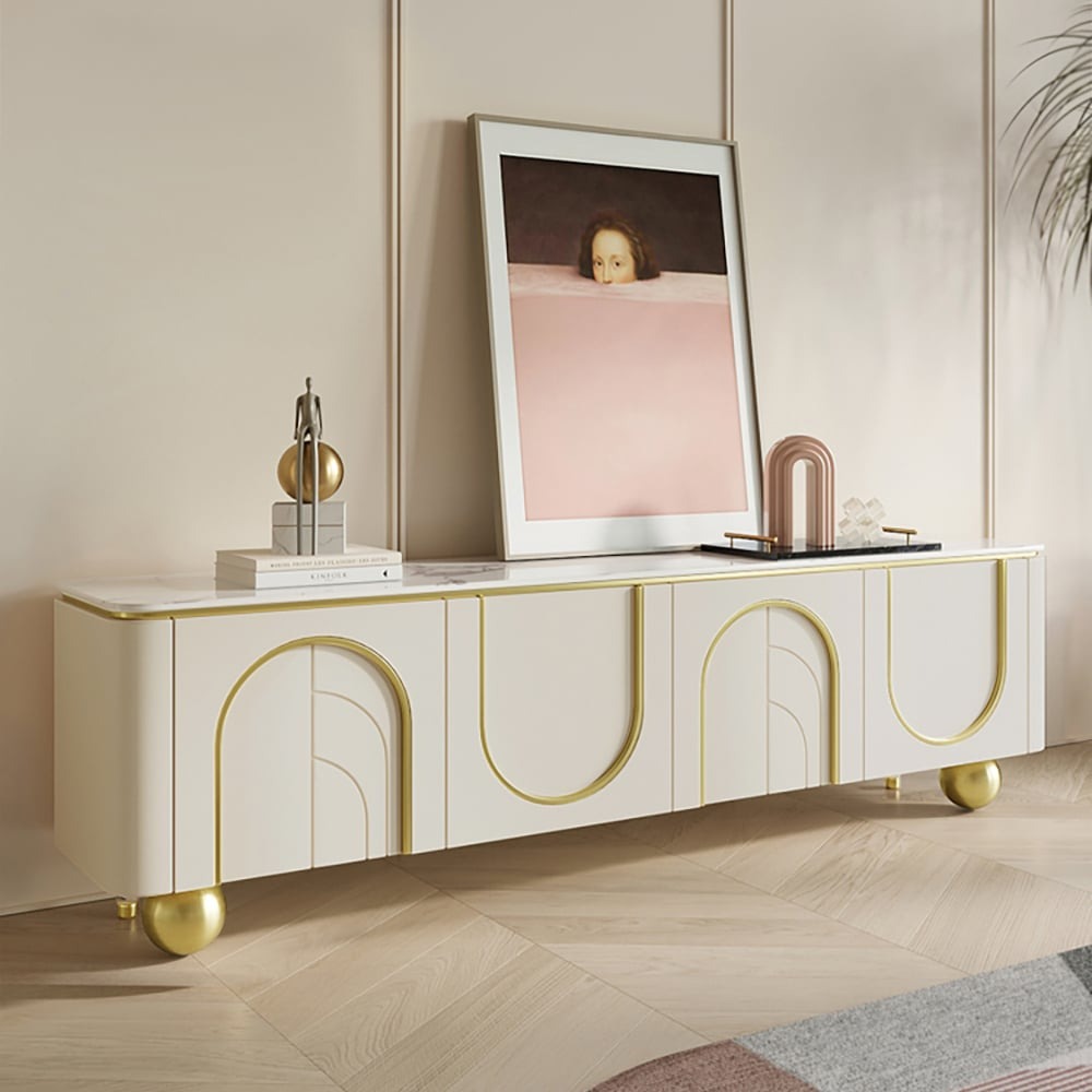 modern white TV stand with arch design and round corners for safety and stylish look for living room 
