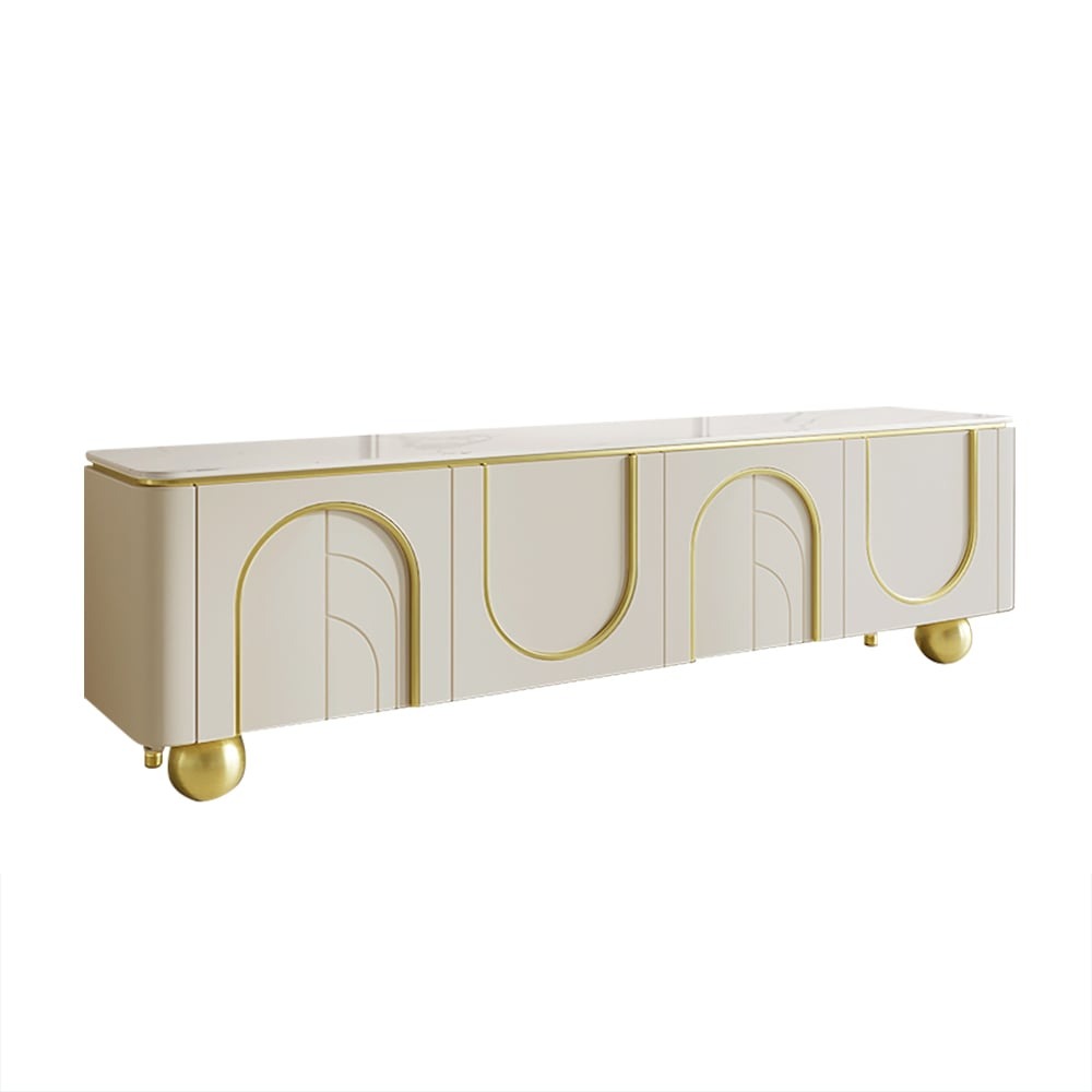 white high gloss tv stand with marble top in a white background