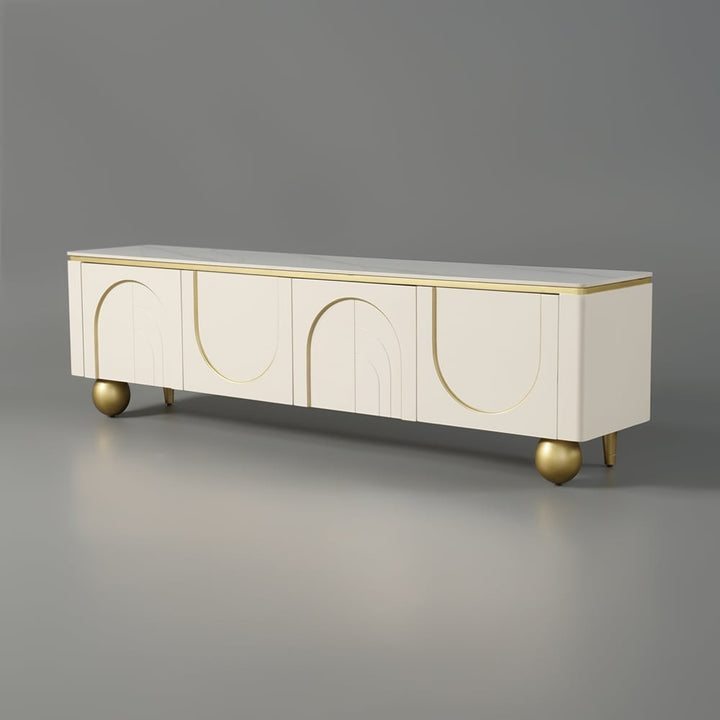 Premium white tv stand with arch design, marble top and gold accent for bedroom and living room