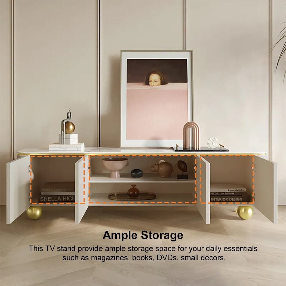 white tv stand with open doors to show internal storage space