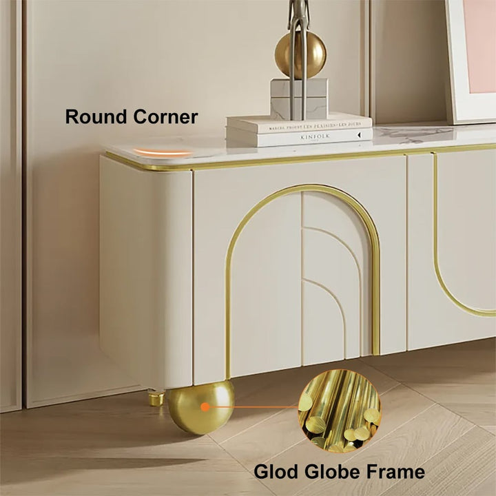 White tv stand with round corner and gold globe frame