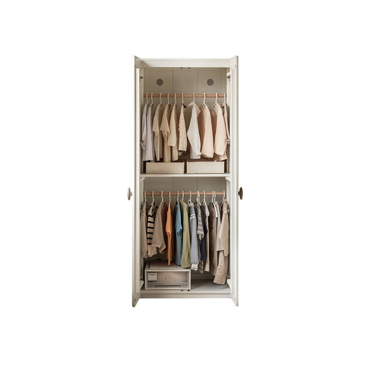 White closet with clothes on hangers and shelves on a white background
