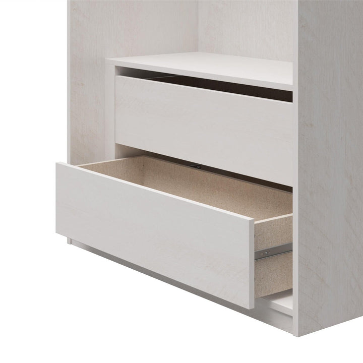 White 2-door wardrobe with open drawer on a white background