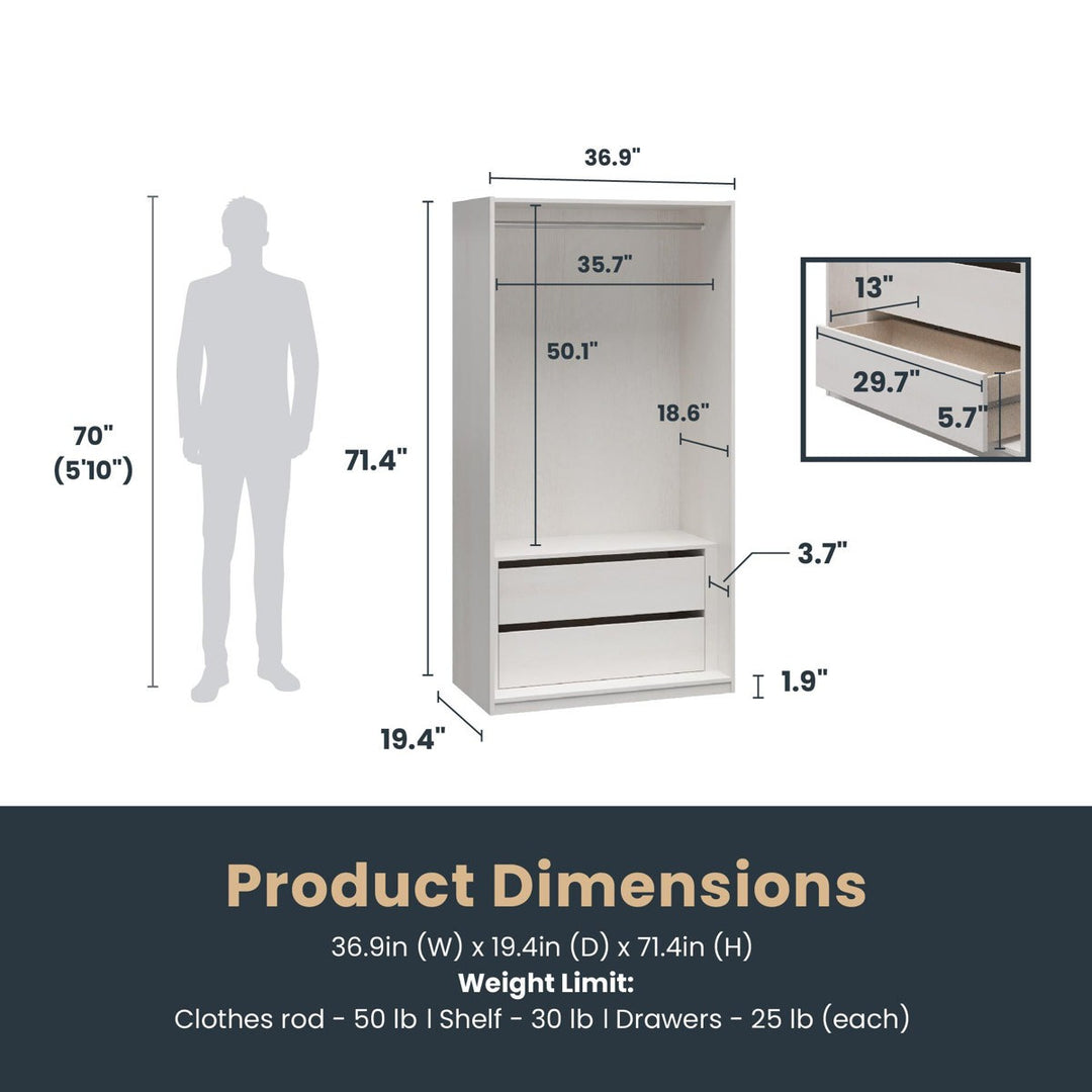Dimensions of a wardrobe with a person for scale on a white background