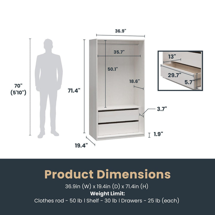 Dimensions of a wardrobe with a person for scale on a white background