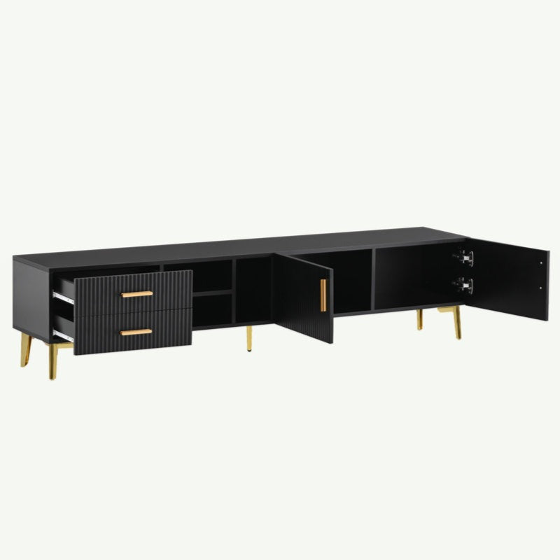 black tv unit with open drawers and doors to show inner space