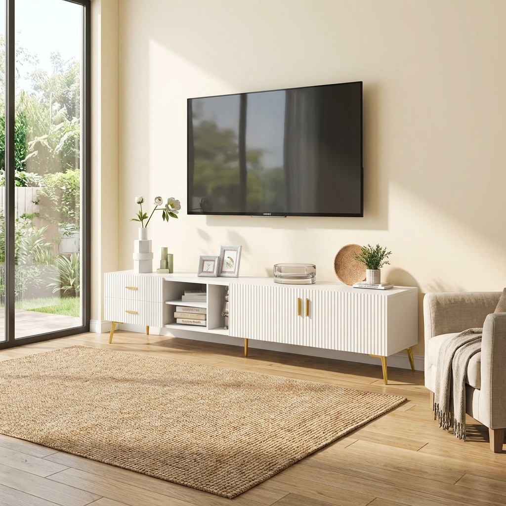 Modern living room with a white TV stand, television, and decorative items.