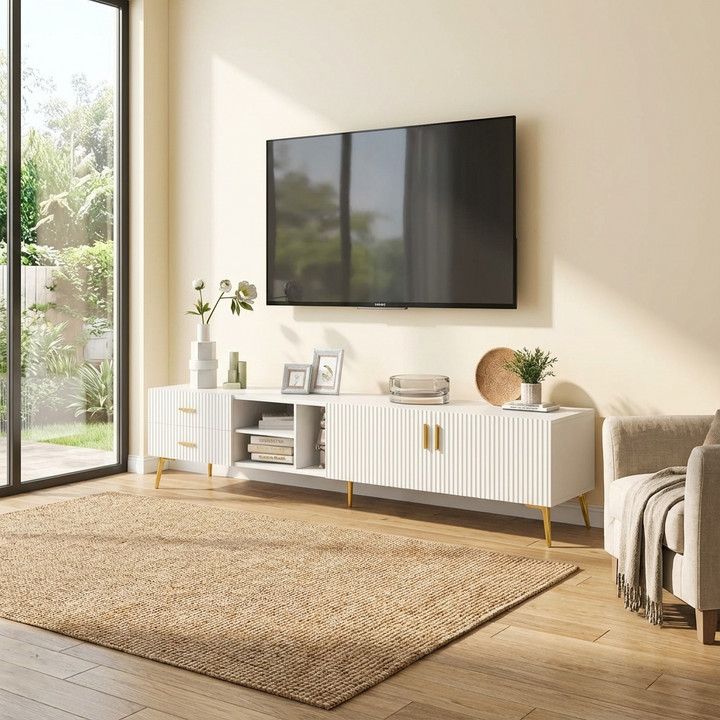Modern living room with a white TV stand, television, and decorative items.