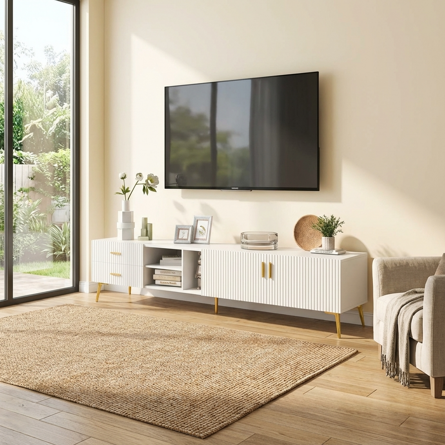 Modern living room with a white TV stand, television, and decorative items.