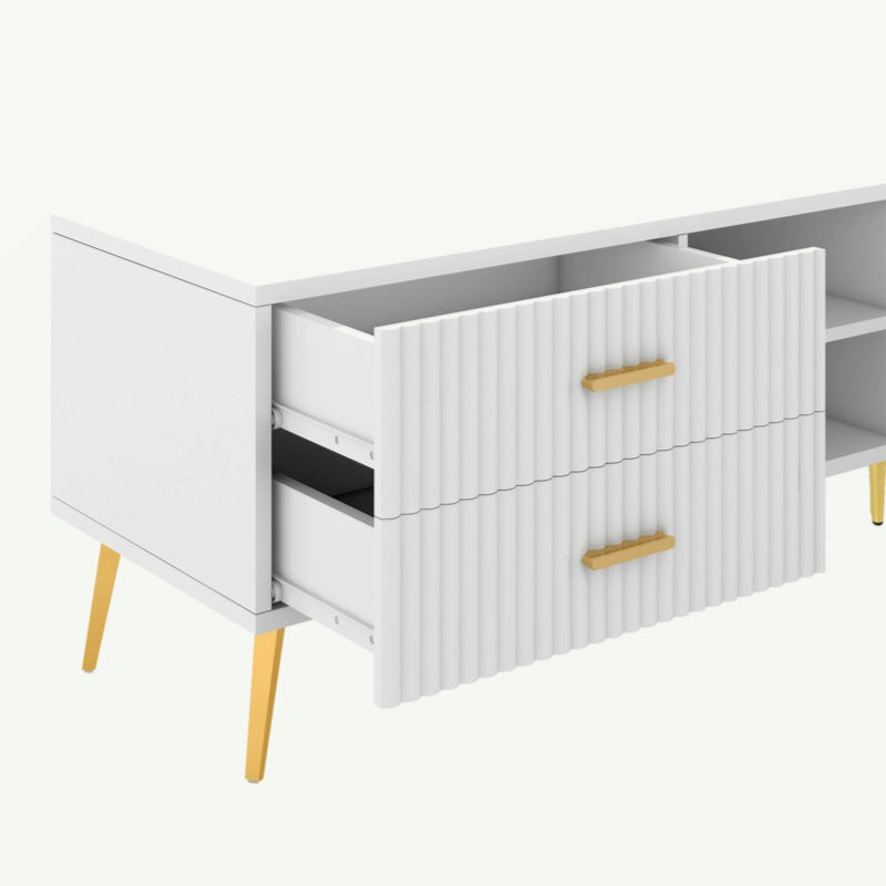 white tv unit with open drawers for spacious storage