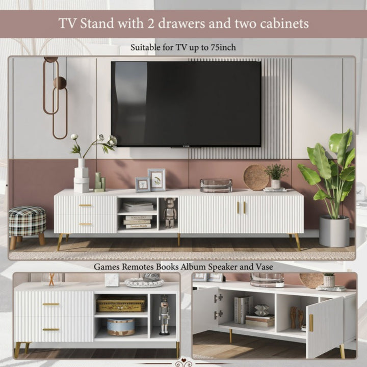 white tv stand with 2 drawers and two cabinet