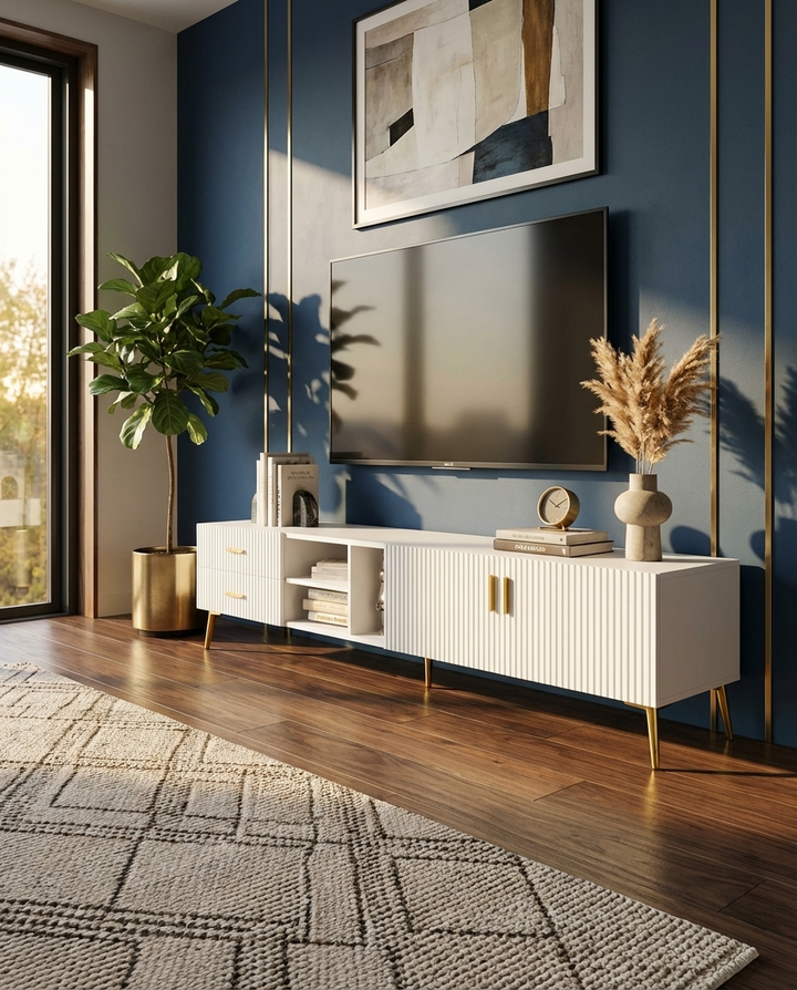 Modern living room with a television on a white console table against a blue wall.