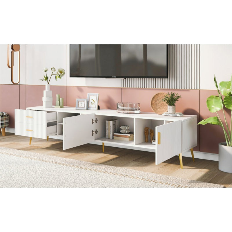 white tv stand with open doors