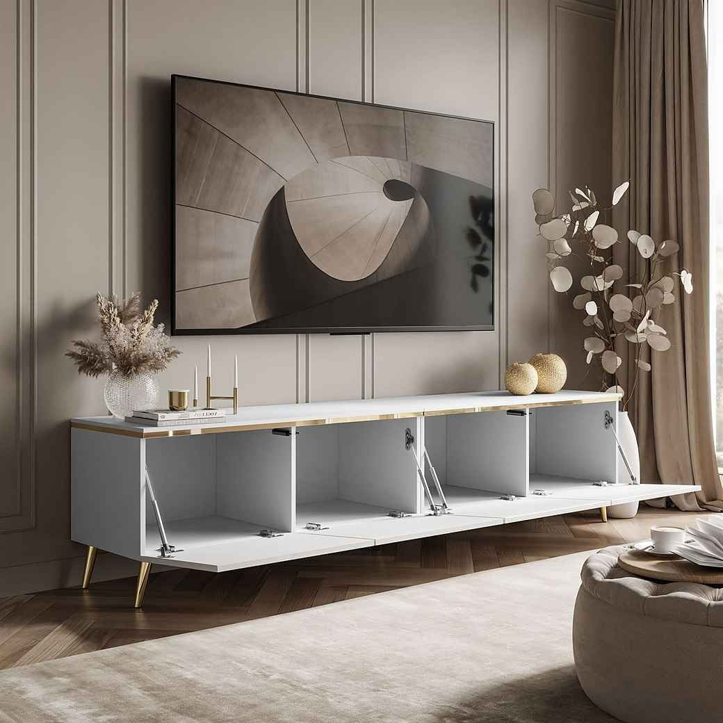 Premium white tv stand with four spacious compartment for storage and gold accents in a living room