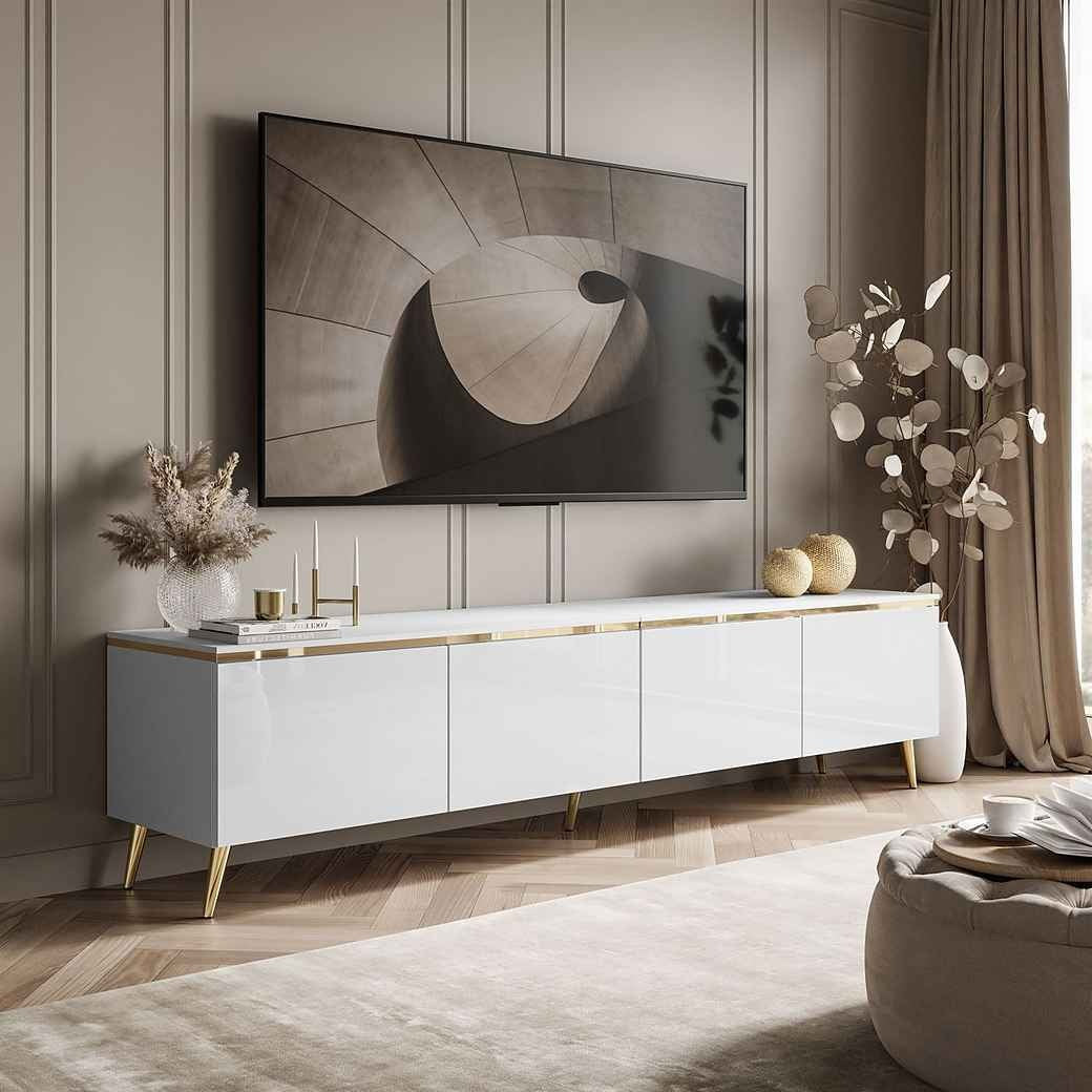 White gloss tv stand design with golden accents and legs for modern living room