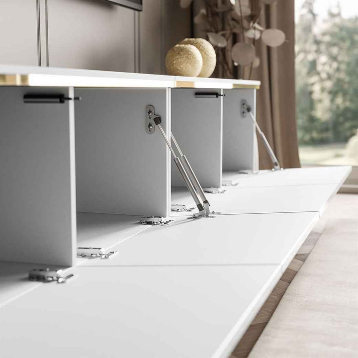 Premium white tv stand features 4 spacious compartments with soft-close mechanism
