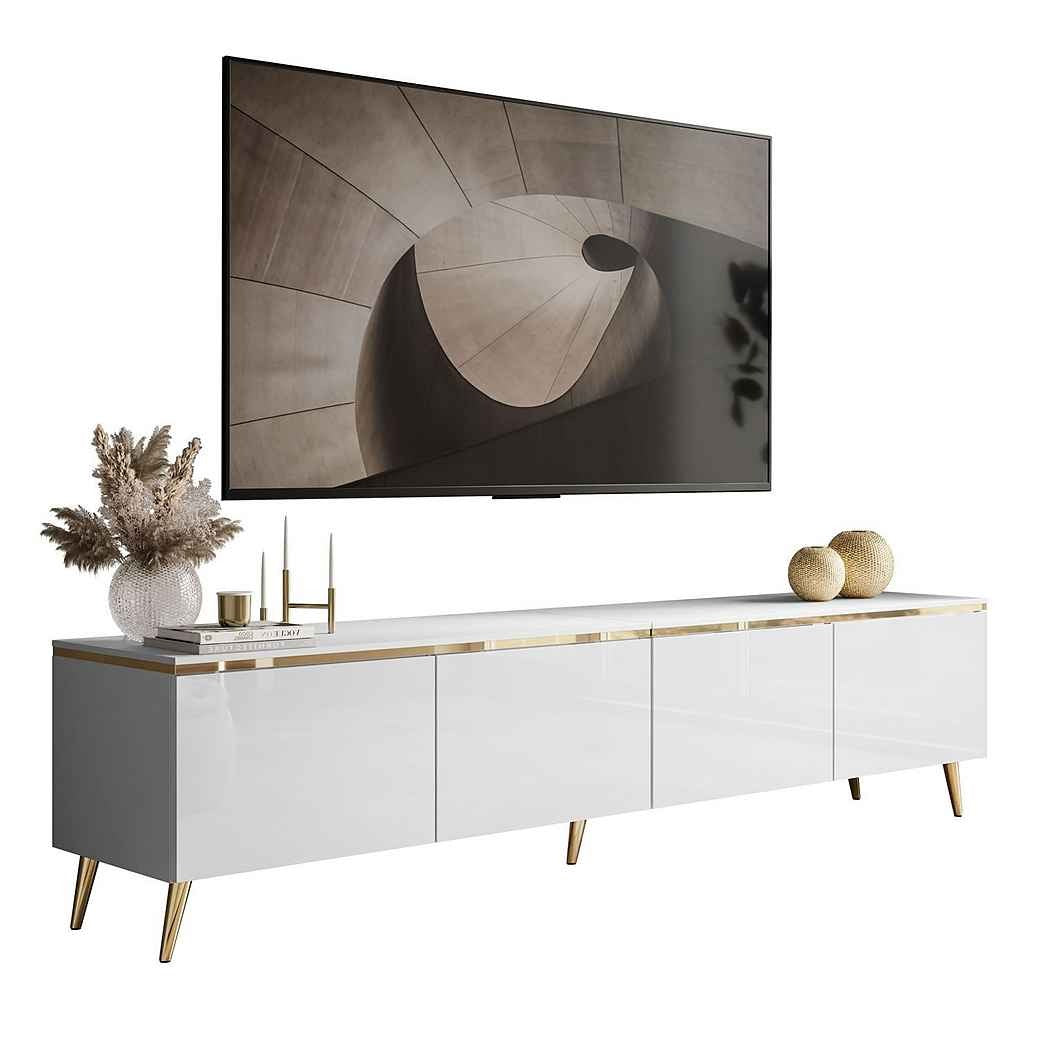Modern tv stand in white high gloss with gold detailing and legs