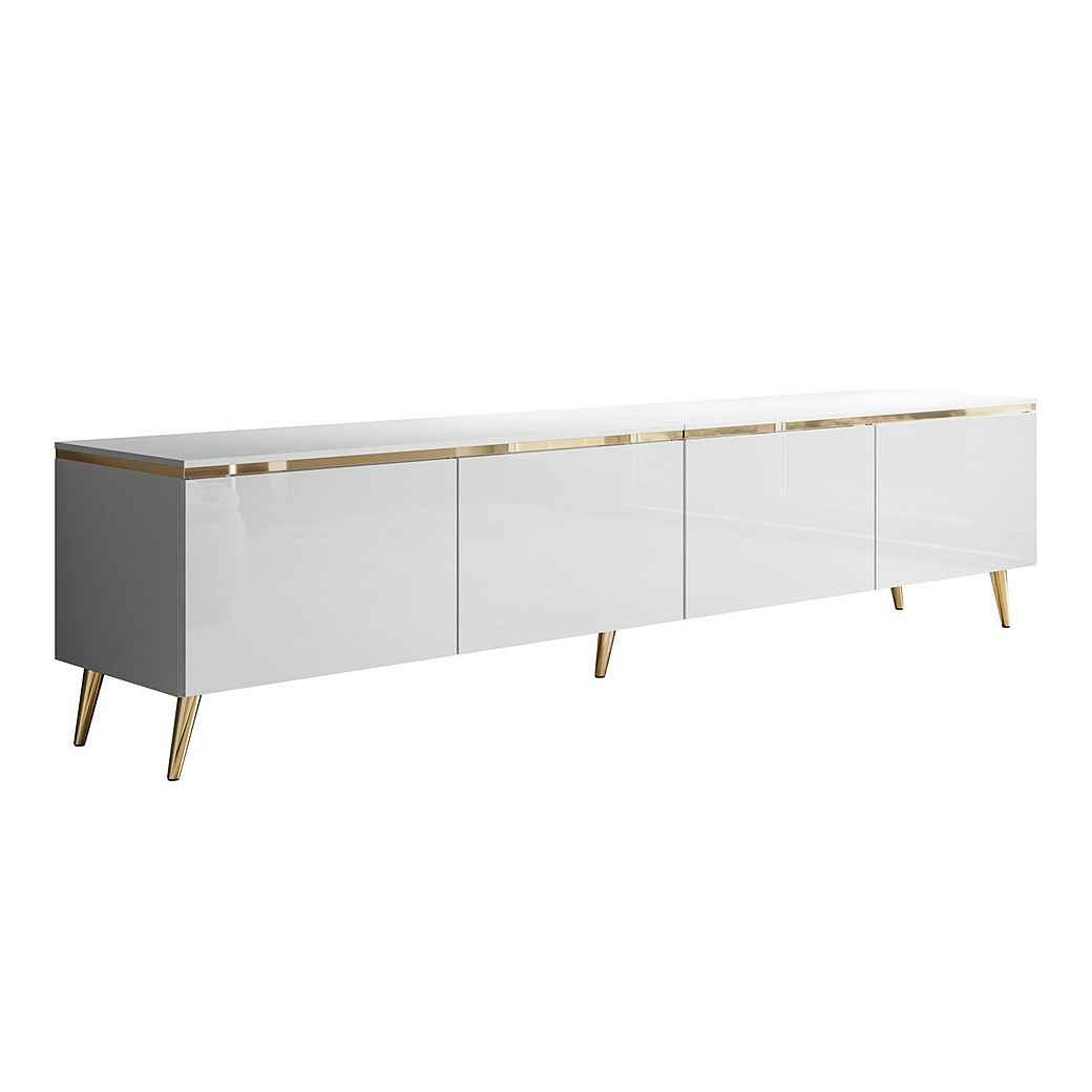 Luxury white tv stand design with gold detailing and legs for spacious storage
