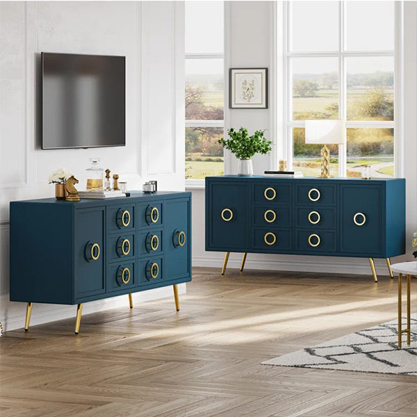 two navy blue sideboards in modern room