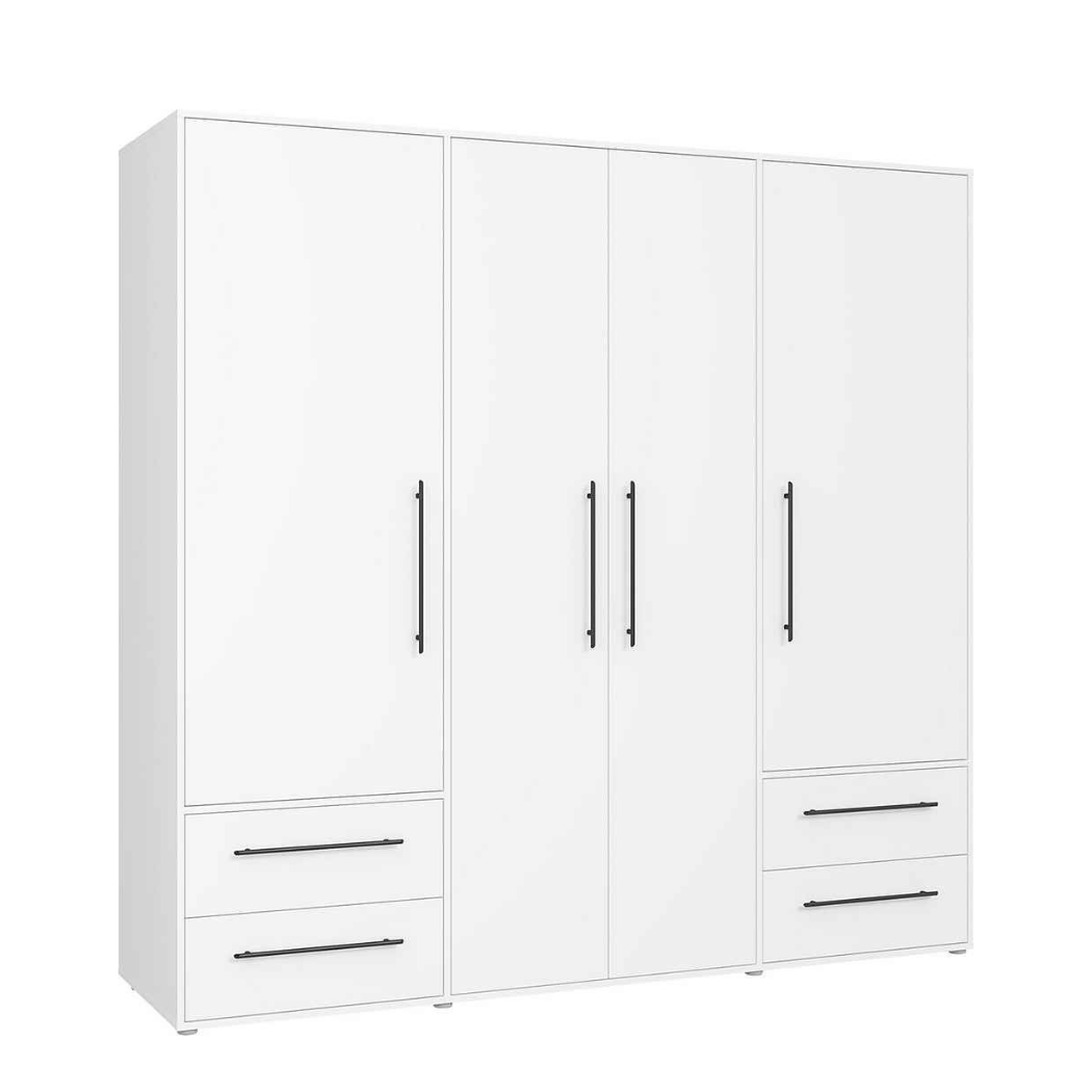 Modern white wardrobe crafted from pre-laminated MDF board with 4 drawers, 4 shutters, 6 storage compartments, and 8 steel handles.