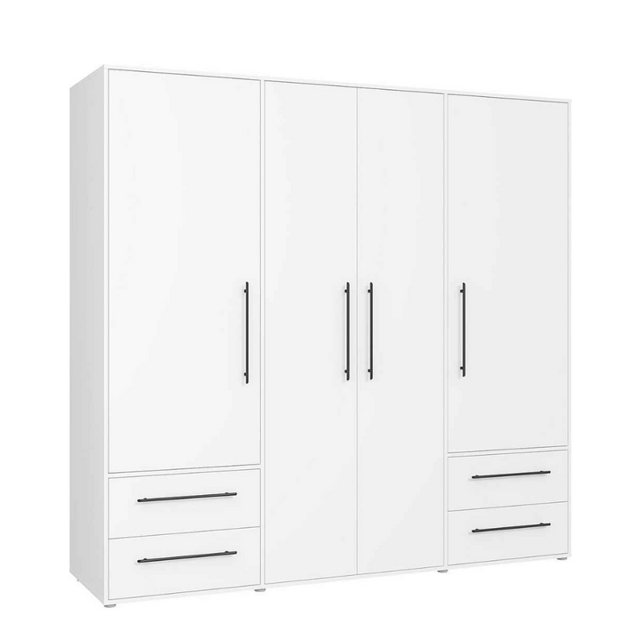 Modern white wardrobe crafted from pre-laminated MDF board with 4 drawers, 4 shutters, 6 storage compartments, and 8 steel handles.