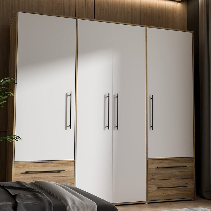 A modern 4-door wardrobe in black matte finish with white and wooden elements, featuring four drawers, four shutters, and an oval hanging rod inside.