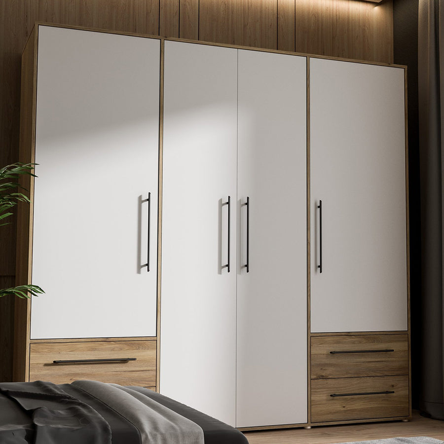 A modern 4-door wardrobe in black matte finish with white and wooden elements, featuring four drawers, four shutters, and an oval hanging rod inside.