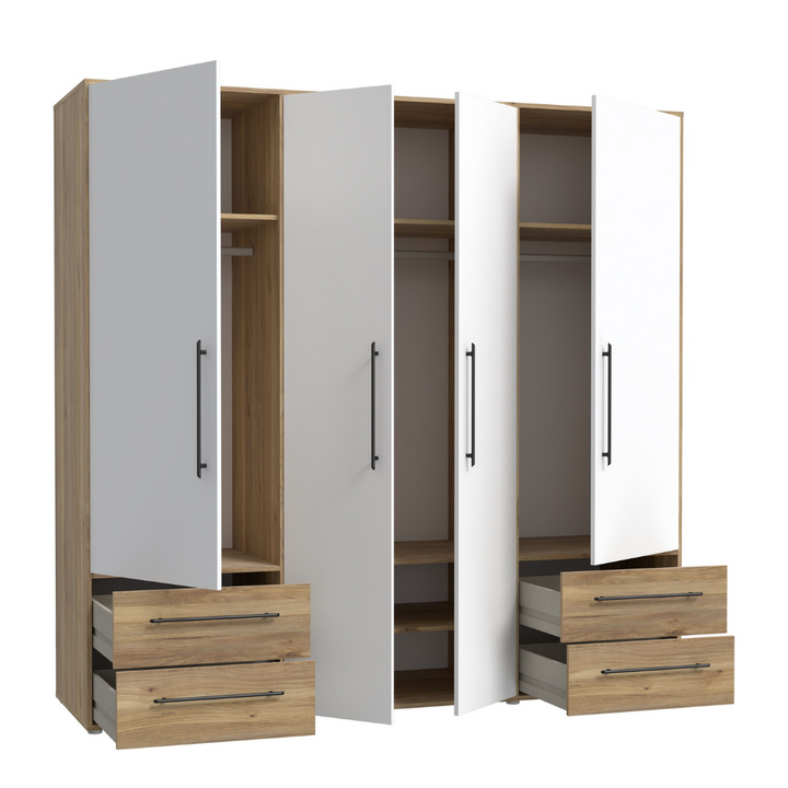 premium white and beech wardrobe with 4 doors and drawers