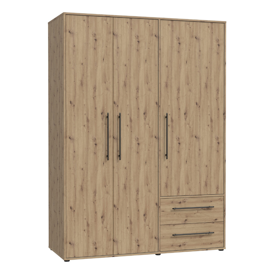 A beech-finished 3-door wardrobe with two drawers and multiple shelves.