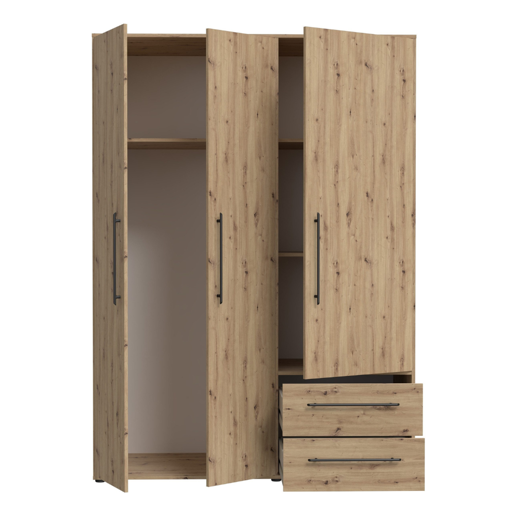 stylish 3 door wardrobe with multiple shelves on a white background