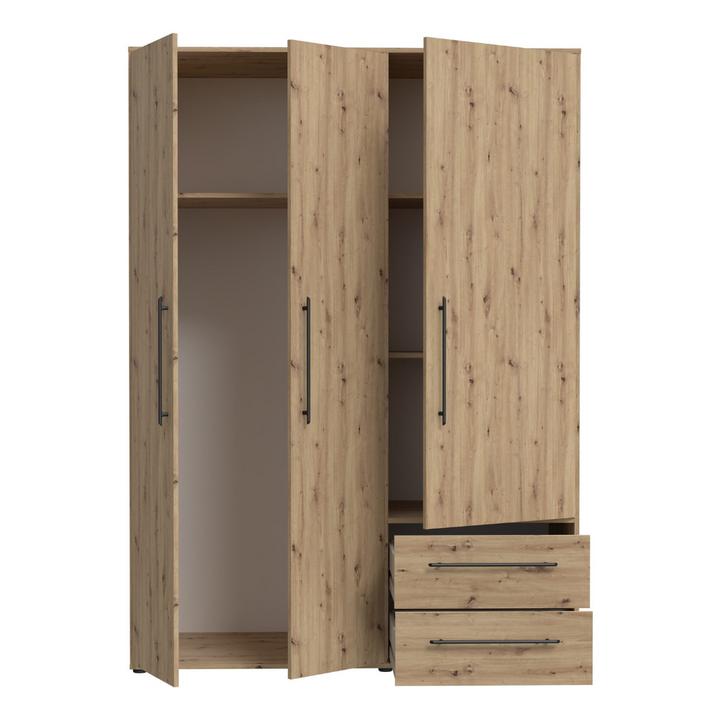 stylish 3 door wardrobe with multiple shelves on a white background