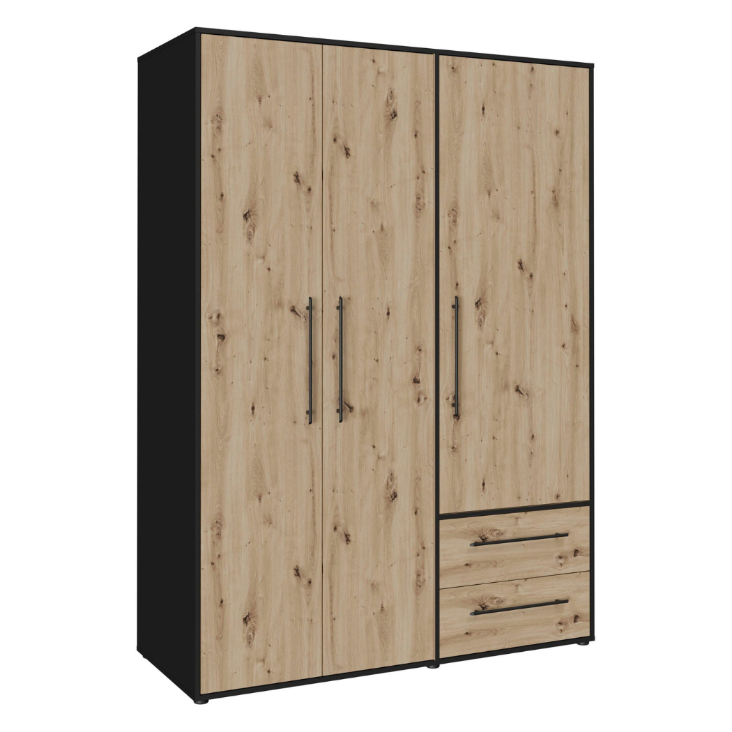 modern three-door wardrobe in beech and black with 2 drawers