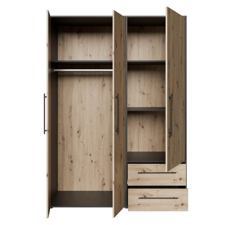 open view of modern 3-door wardrobe with two drawers
