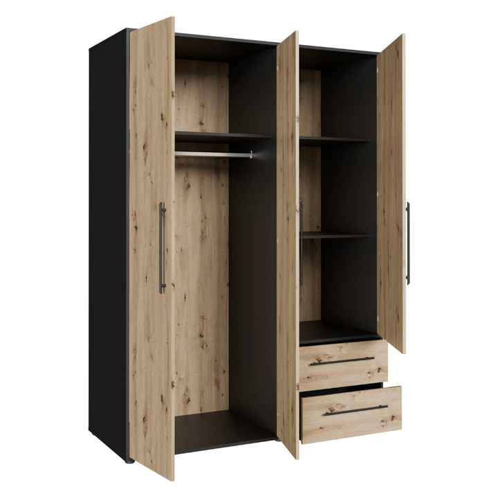 sleek black and beech wardrobe design on a white background
