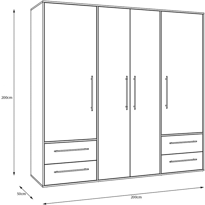 sketch of modern 4-door wardrobe with dimensions