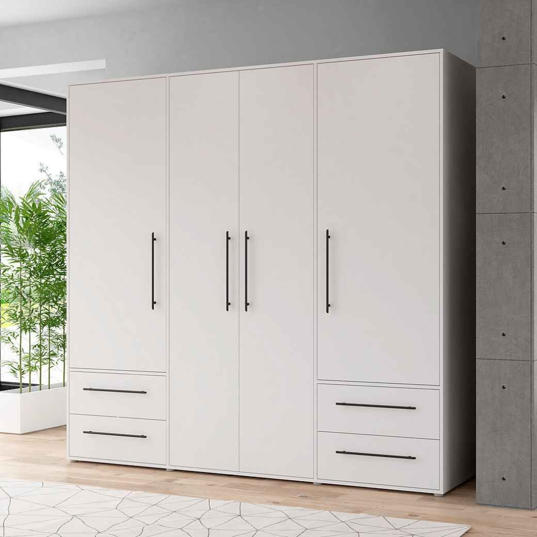 A white 4-door wardrobe with drawers and steel handles, perfect for bedroom