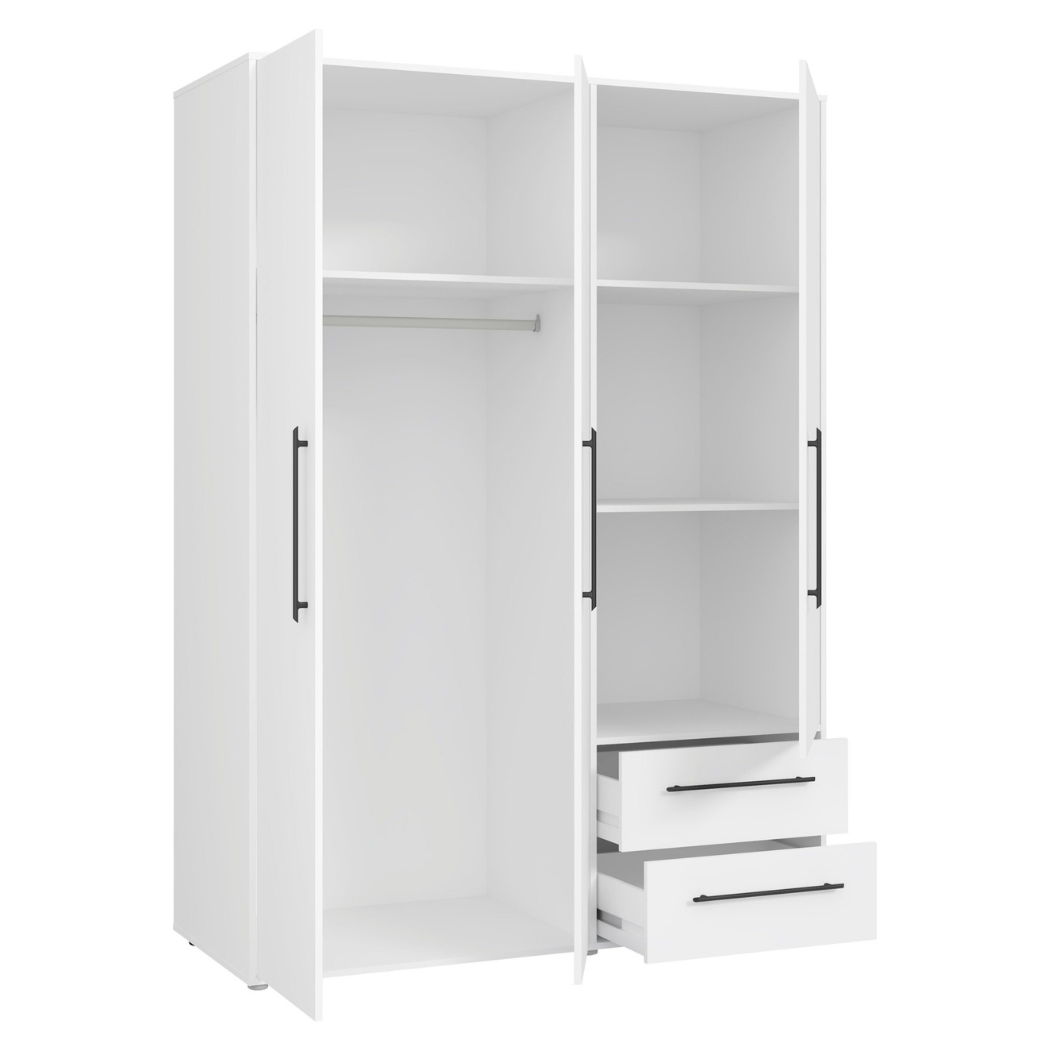 modern white-finish wardrobe with 3 doors and 2 drawers, open view