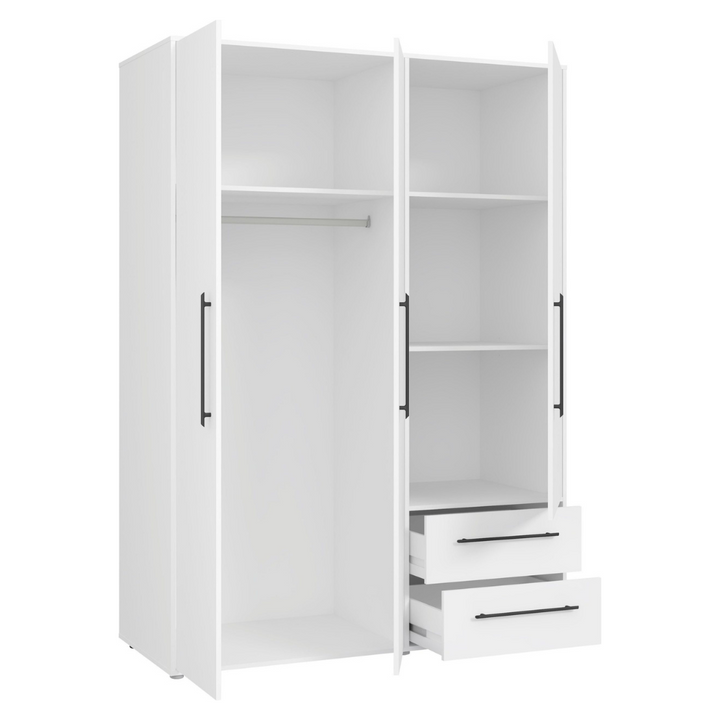 modern white-finish wardrobe with 3 doors and 2 drawers, open view