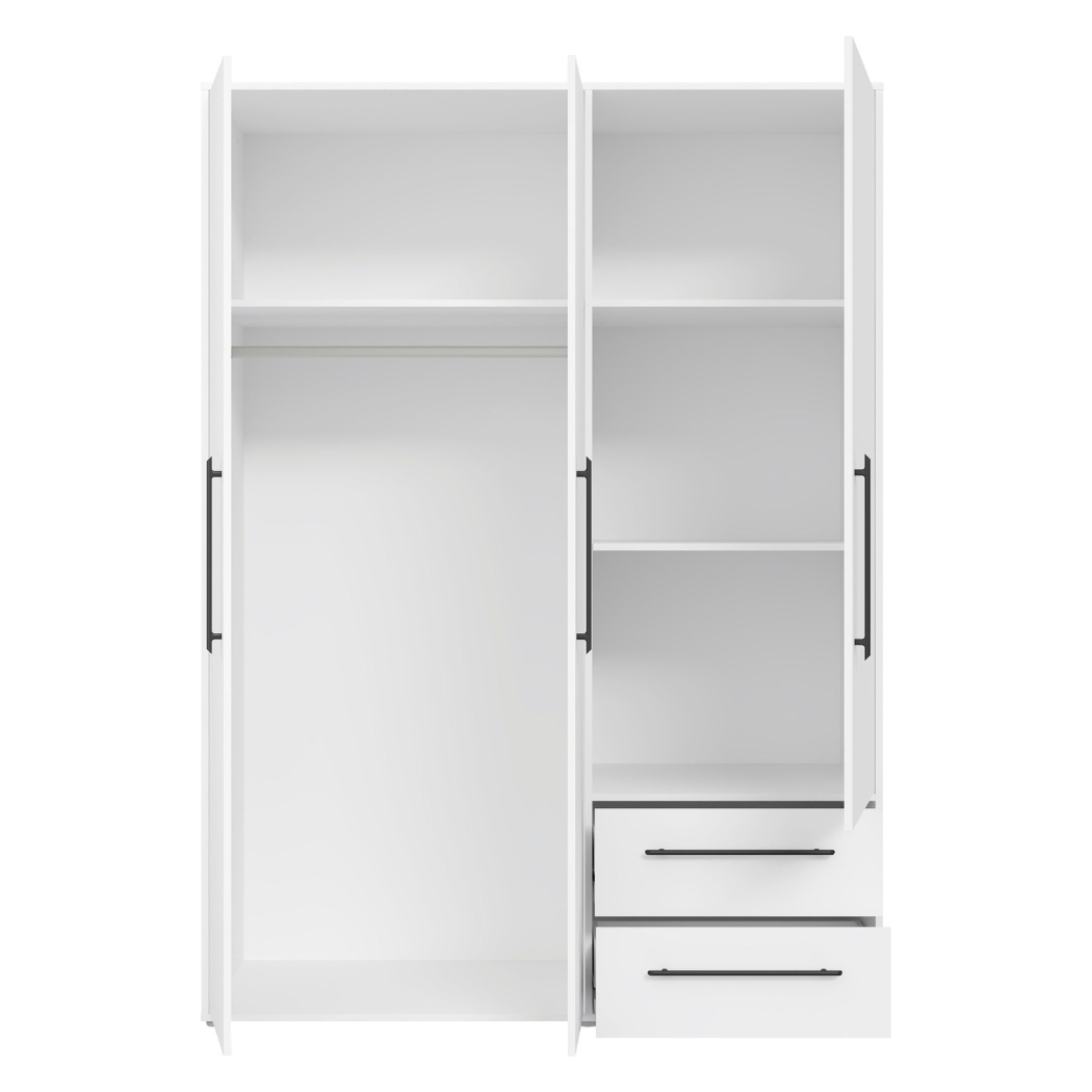 showing internal space of white premium wardrobe with 3 doors on a white background