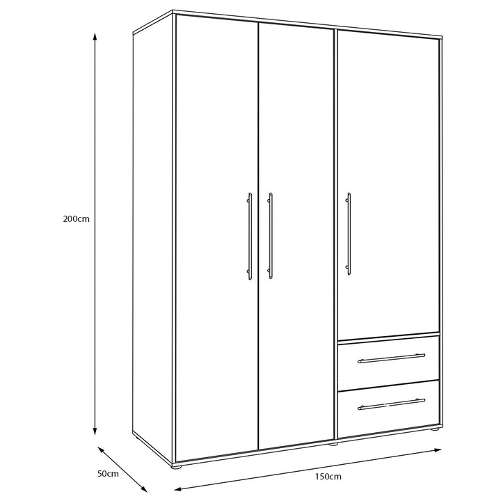 Tyun 3-Door Wardrobe featuring white panels with beech wood textures, with dimensions 200 cm in length, 50 cm in width, and 150 cm in height.