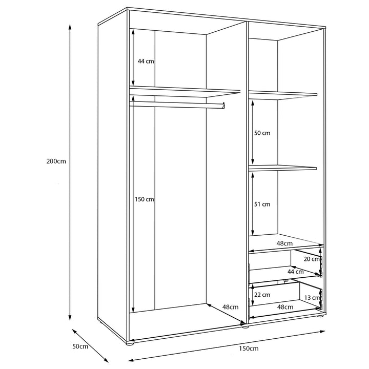 dimension of 3-door wardrobe with 2 drawers
