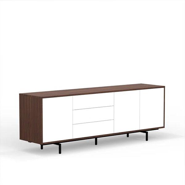White and walnut cabinet with 3 doors and drawers in white background