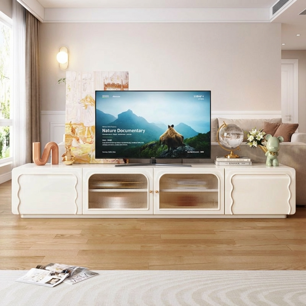 Modern living room with a TV displaying a nature documentary on a white entertainment console.