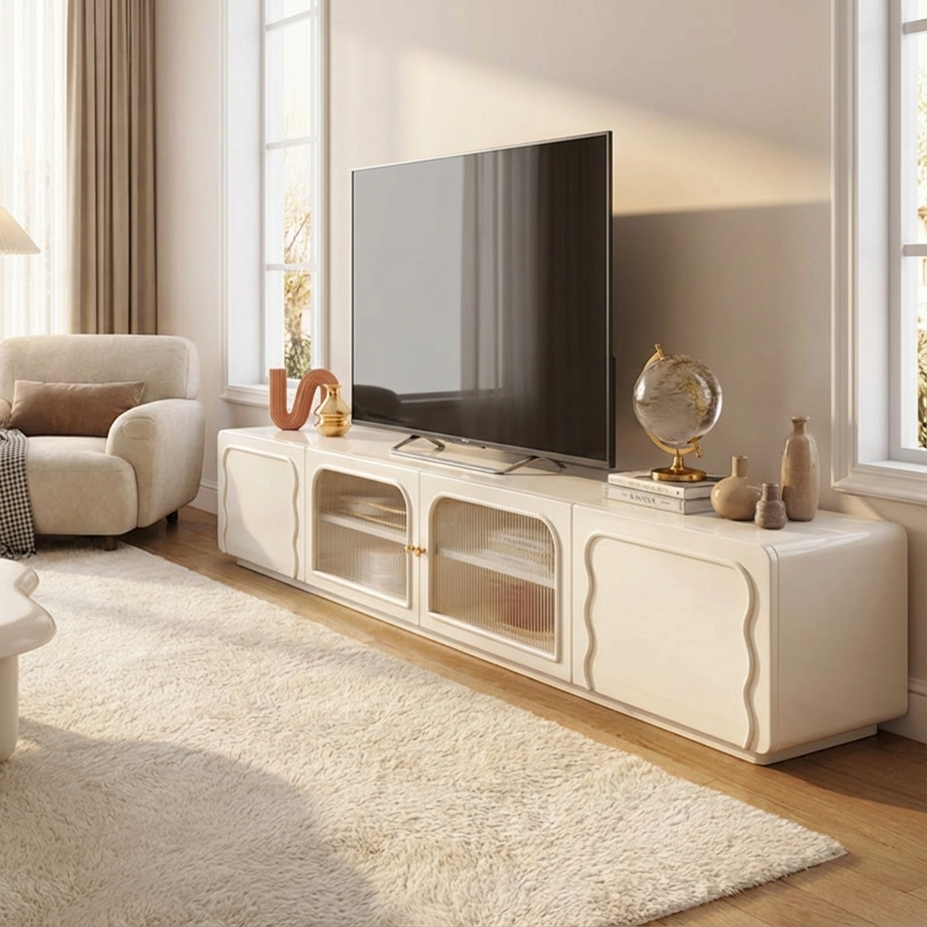 Modern living room with a white TV stand, television, and decorative items.