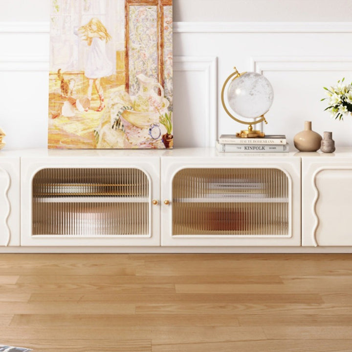 White pu finish modern tv unit with elegant fluted glass doors