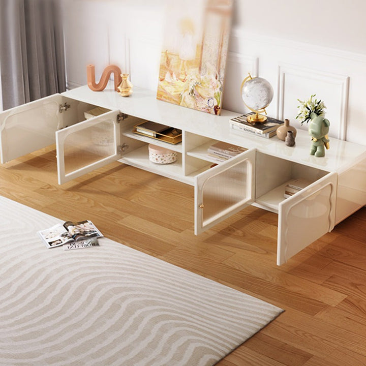 white mdf tv unit with open glass doors 