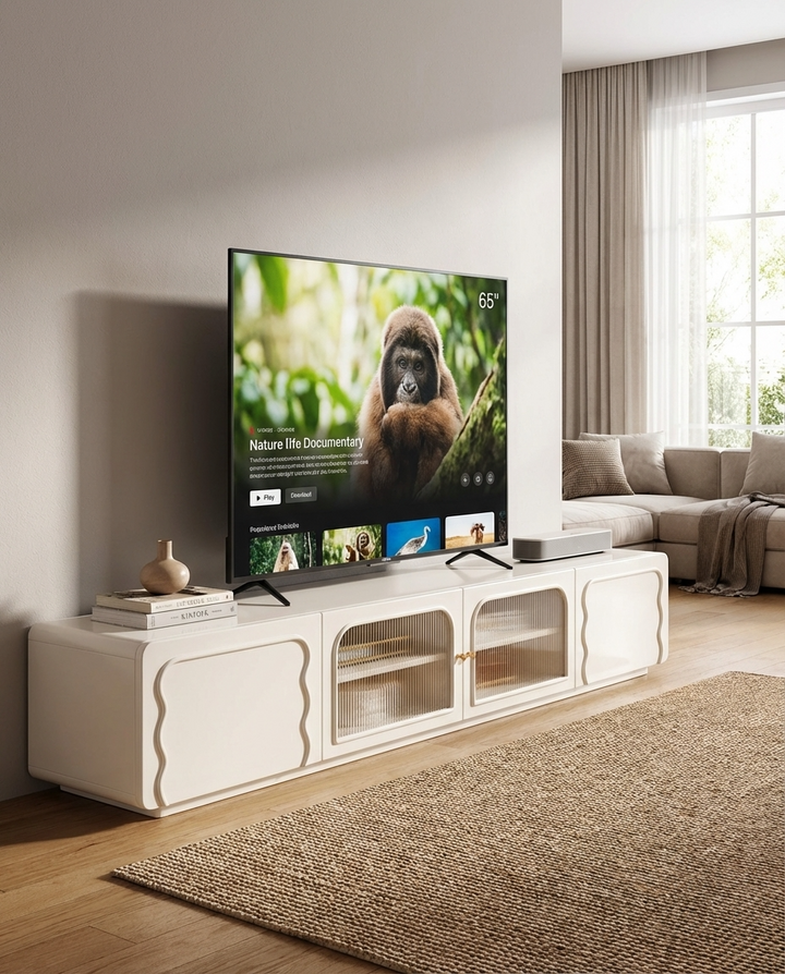 TV mounted on a modern white entertainment console in a living room.