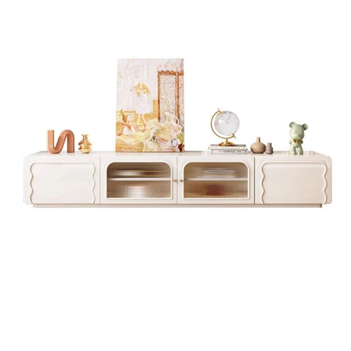 white pu finish tv unit with two glass doors and 2 push-to-open doors